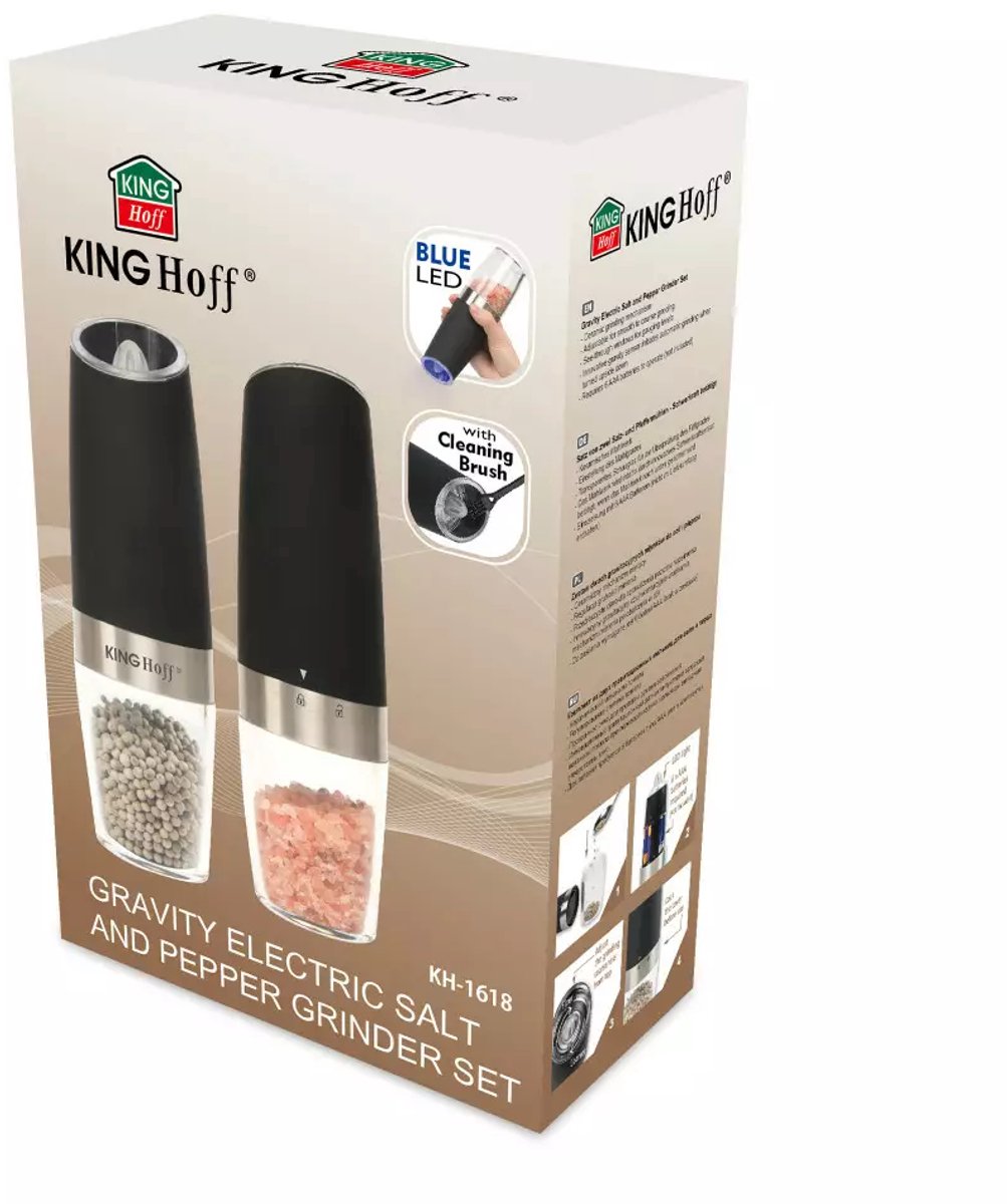 Kinghoff Set van 2 Zwaartekracht Peper- en Zoutmolens - Elektrisch, Keramisch Maalmechanisme, LED Verlichting - Matte Zwart (50 ml)