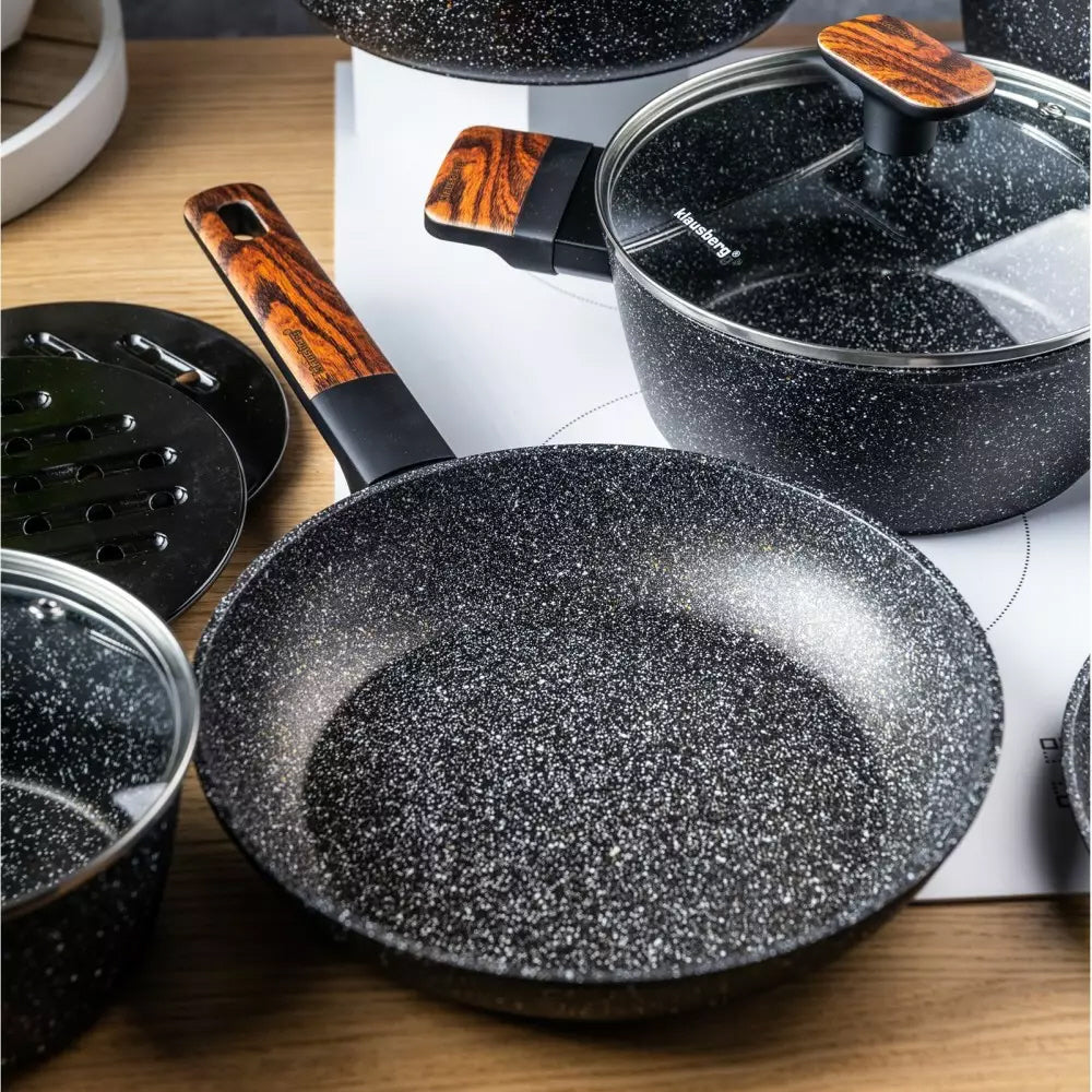 12-Piece Granite Cookware Set with Marble Coating – Suitable for Induction and All Heat Sources – Scratch-Resistant and Healthy Cooking