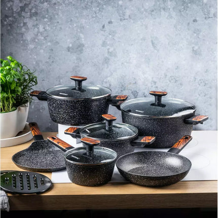 Batterie de cuisine en granit 12 pièces avec revêtement en marbre - Compatible avec l'induction et toutes les sources de chaleur - Anti-rayures et cuisine saine