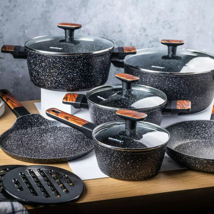 Batterie de cuisine en granit 12 pièces avec revêtement en marbre - Compatible avec l'induction et toutes les sources de chaleur - Anti-rayures et cuisine saine