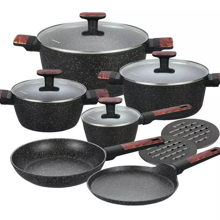 Batterie de cuisine en granit 12 pièces avec revêtement en marbre - Compatible avec l'induction et toutes les sources de chaleur - Anti-rayures et cuisine saine