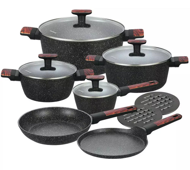 Batterie de cuisine en granit 12 pièces avec revêtement en marbre - Compatible avec l'induction et toutes les sources de chaleur - Anti-rayures et cuisine saine