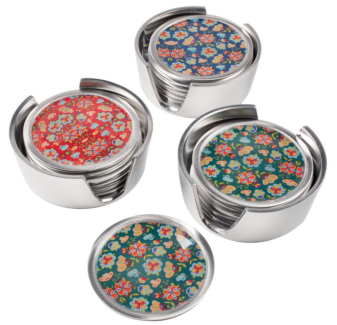 Set of 6 aluminium coasters with floral print