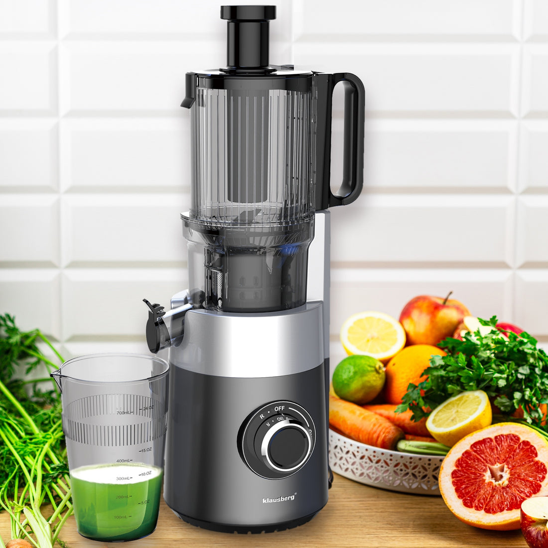 Klausberg KB-7881 Slow Juicer – Vegetable and Fruit Press | Cold Press | Wide XXL 113 mm Feed Chute | Stainless Steel Housing | Quiet Operation