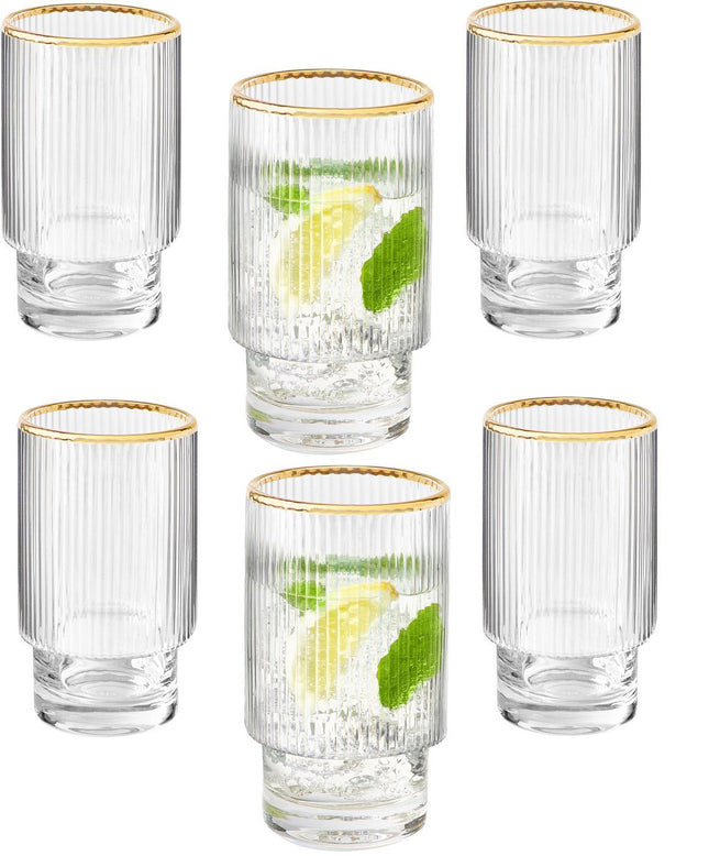 Verres à long drink Ripple - Bord doré - Set de 6 pièces - 295 ml - Empilables
