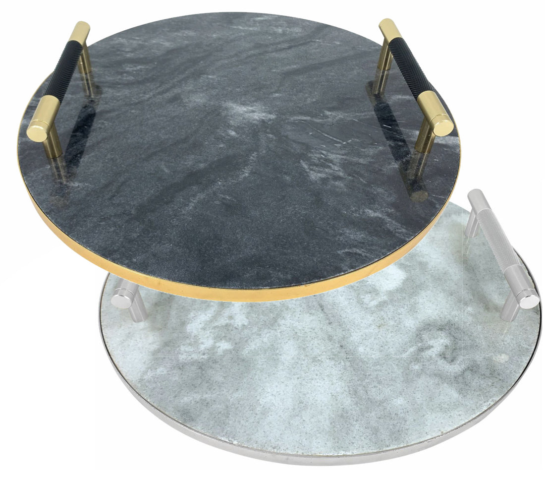 Marmeren dienblad rond met handvatten – plateau 30 cm, zwart of wit