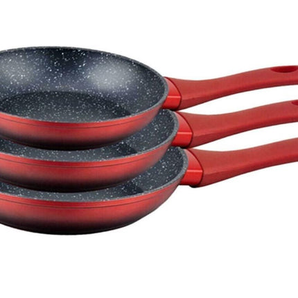 Batterie de 3 poêles (rouge) Revêtement en marbre