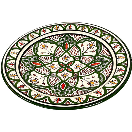Plat en faïence 35 cm vert, teintes bordeaux