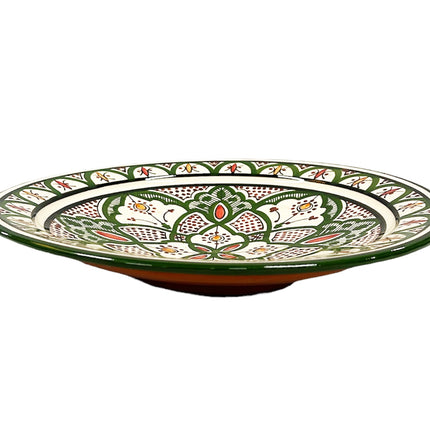 Plat en faïence 35 cm vert, teintes bordeaux