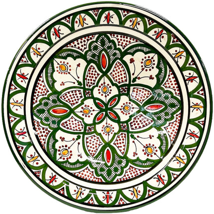 Plat en faïence 35 cm vert, teintes bordeaux