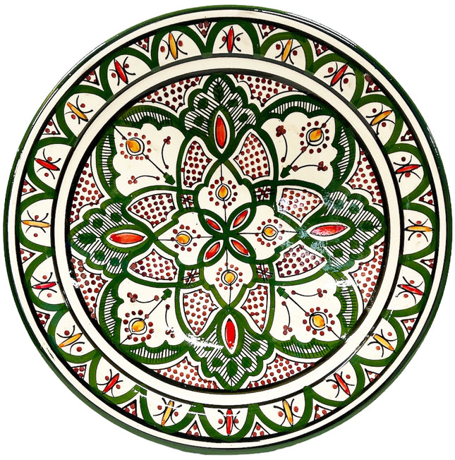 Plat en faïence 35 cm vert, teintes bordeaux