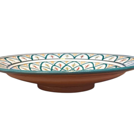 Plat marocain Ø35 cm – Céramique faite à la main – Vert avec détails orange