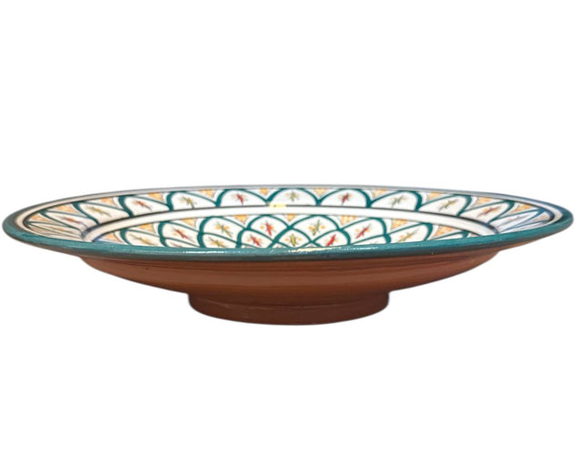 Plat marocain Ø35 cm – Céramique faite à la main – Vert avec détails orange