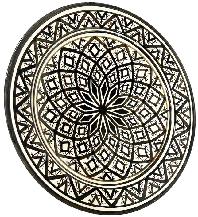 Plat marocain en poterie 35 cm - noir et blanc