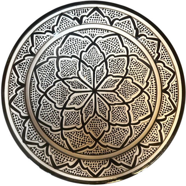Plat marocain Ø35 cm – Céramique noir et blanc faite à la main – Motif géométrique