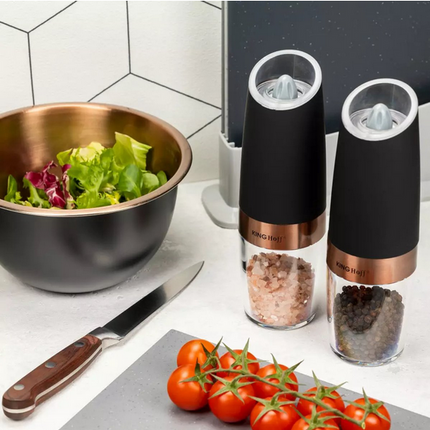 Kinghoff Moulins électriques à sel et à poivre – Fonctionnement par gravité, éclairage LED, granulométrie réglable (noir mat, lot de 2) - Salière et poivrière