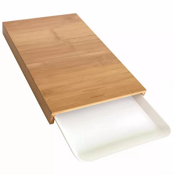Kinghoff Planche à Découper en Bambou avec Bac de Réception – Matériau Naturel, Antidérapant, Multifonctionnel (38x25 cm) – Comprend un Plateau de Service en Plastique Blanc