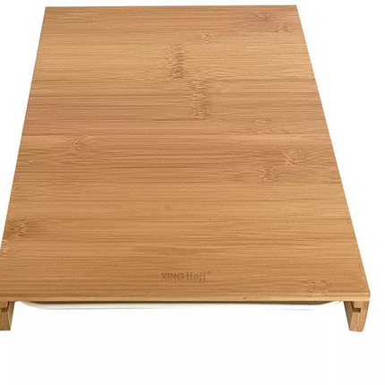 Kinghoff Planche à Découper en Bambou avec Bac de Réception – Matériau Naturel, Antidérapant, Multifonctionnel (38x25 cm) – Comprend un Plateau de Service en Plastique Blanc