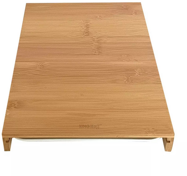 Kinghoff Planche à Découper en Bambou avec Bac de Réception – Matériau Naturel, Antidérapant, Multifonctionnel (38x25 cm) – Comprend un Plateau de Service en Plastique Blanc
