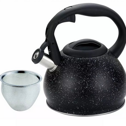 Bouilloire Kinghoff avec Passoire - Acier Inoxydable 1.2L - Design Marbre Noir - Compatible Tous Feux Dont Induction - Théière - Sifflet