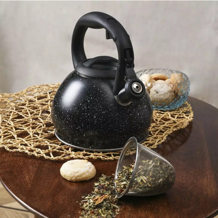 Bouilloire Kinghoff avec Passoire - Acier Inoxydable 1.2L - Design Marbre Noir - Compatible Tous Feux Dont Induction - Théière - Sifflet