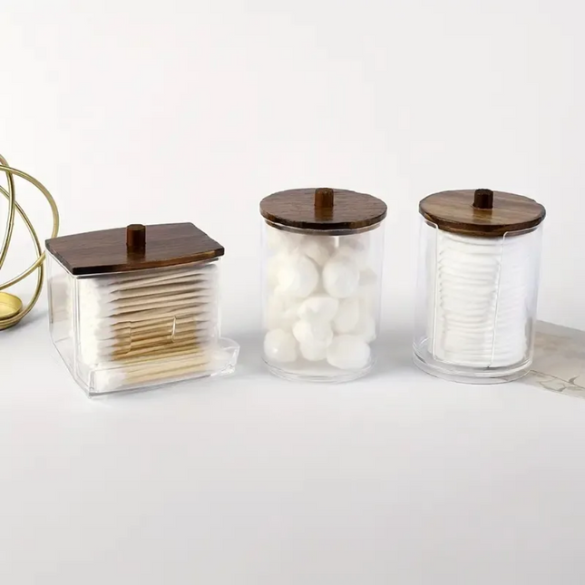 Ensemble de 3 Boîtes de Rangement pour Cotons – Organisateur de Salle de Bain avec Couvercles en Bois pour Coton-Tiges, Disques de Coton et Boules de Coton – Marron Foncé – Anti-Poussière