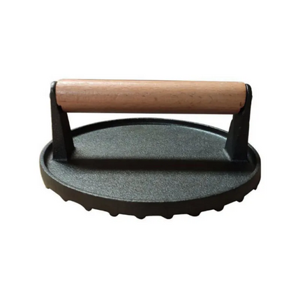 Presse à Hamburger XL en Fonte – Presse Lourd pour Gril et BBQ pour Hamburgers, Smash Burgers et Viandes – 17,5 cm – Avec Manche en Bois – Presse à Viande – Presse pour Légumes Grillés – Ronde