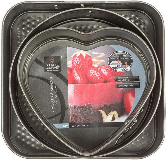 Moule à gâteau - Moule à charnière - lot de 3 - Cœur 22x20CM - Rond 24CM - Carré 26X26CM