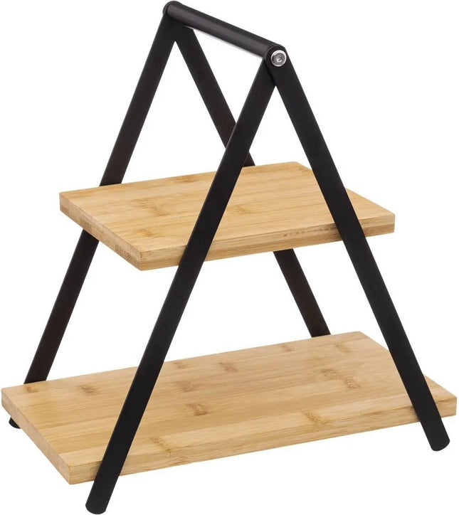 Étagère/plateau de service - 2 niveaux - Bambou - Noir/beige