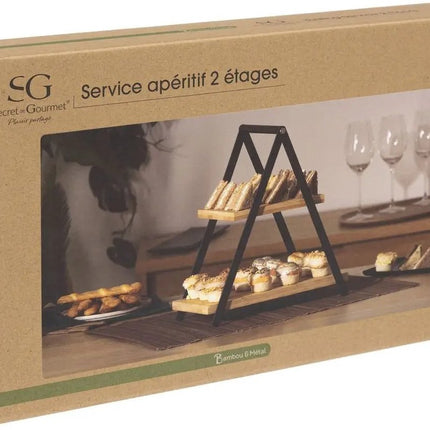 Étagère/plateau de service - 2 niveaux - Bambou - Noir/beige