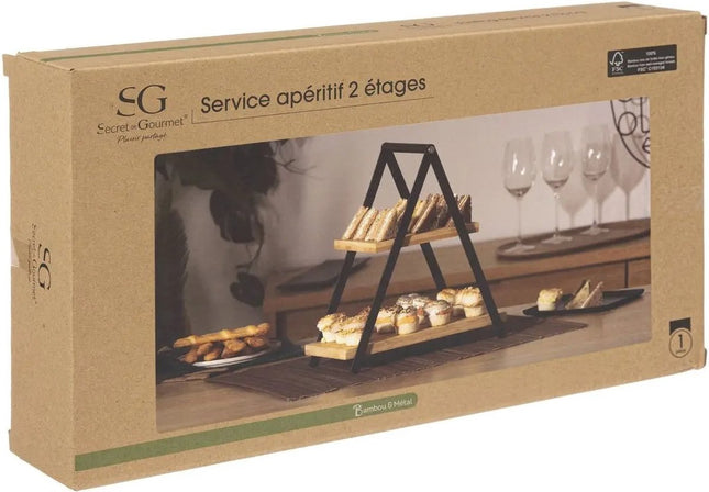 Étagère/plateau de service - 2 niveaux - Bambou - Noir/beige