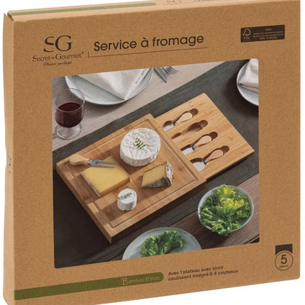Secret de Gourmet planche à fromage coffret cadeau - avec 4 couteaux à fromage - bois de bambou - 30 x 30 cm - plateau de service