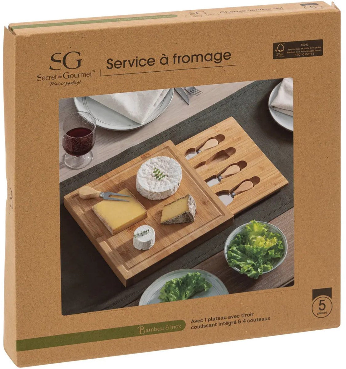 Secret de Gourmet kaasplankje met 4 kaasmesjes – bamboe, 30 x 30 cm – foto 4