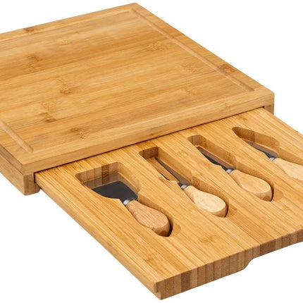 Secret de Gourmet planche à fromage coffret cadeau - avec 4 couteaux à fromage - bois de bambou - 30 x 30 cm - plateau de service