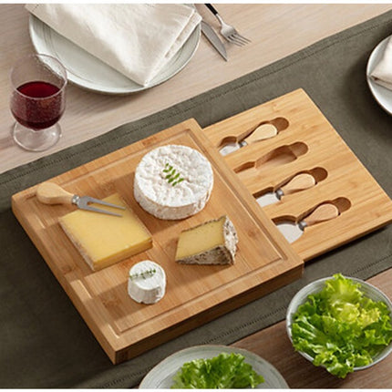 Secret de Gourmet planche à fromage coffret cadeau - avec 4 couteaux à fromage - bois de bambou - 30 x 30 cm - plateau de service
