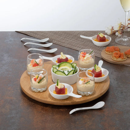 Planche de service/amuse-bouche/amuse-gueules - bambou/porcelaine - blanc - pour 4 personnes - 14 pièces