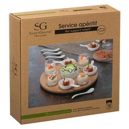 Planche de service/amuse-bouche/amuse-gueules - bambou/porcelaine - blanc - pour 4 personnes - 14 pièces