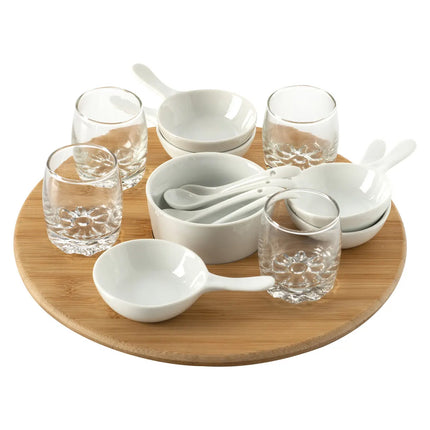 Planche de service/amuse-bouche/amuse-gueules - bambou/porcelaine - blanc - pour 4 personnes - 14 pièces
