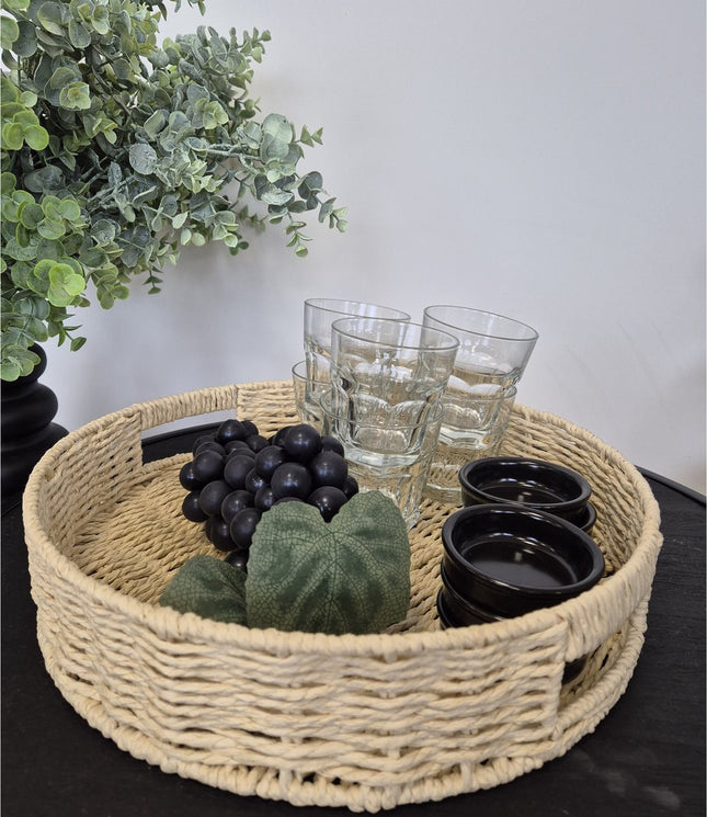 5Five Dienblad/serveer plateau - Dia 35 cm - gevlochten koord - Naturel look - Metalen frame