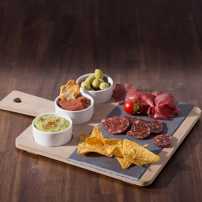 Planche de service/planche apéritive/amuse-gueules/sauces/tapas - bambou - marron - avec 3 bols