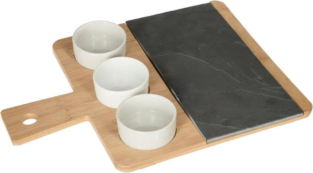 Planche de service/planche apéritive/amuse-gueules/sauces/tapas - bambou - marron - avec 3 bols
