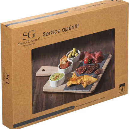Planche de service/planche apéritive/amuse-gueules/sauces/tapas - bambou - marron - avec 3 bols