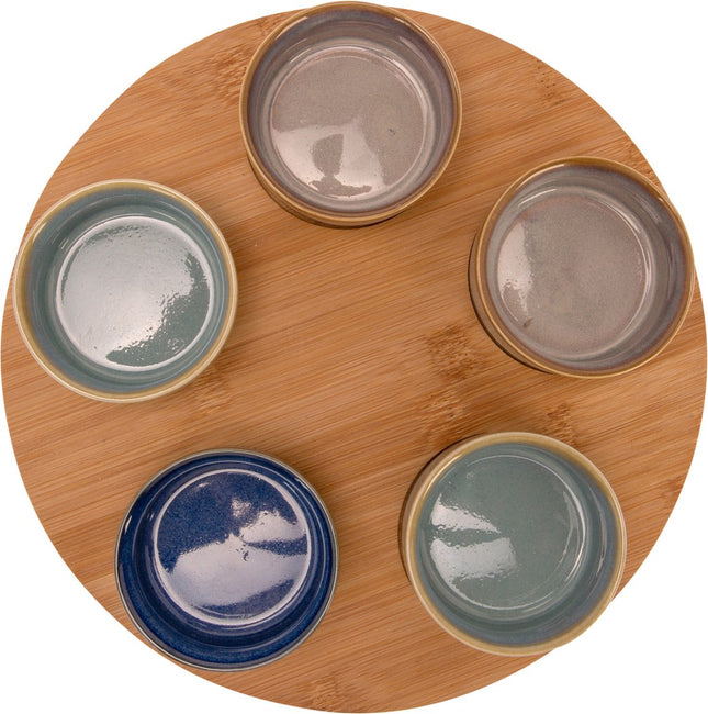 Planche de service en bambou Ø 25 cm avec 5 coupelles de luxe pour amuse-gueules/sauces/tapas