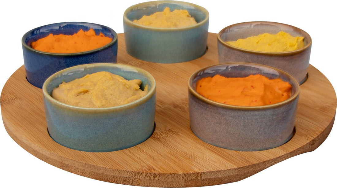 Bamboo serving board, 25 cm diameter, with 5 luxury snack/sauce/tapas bowls