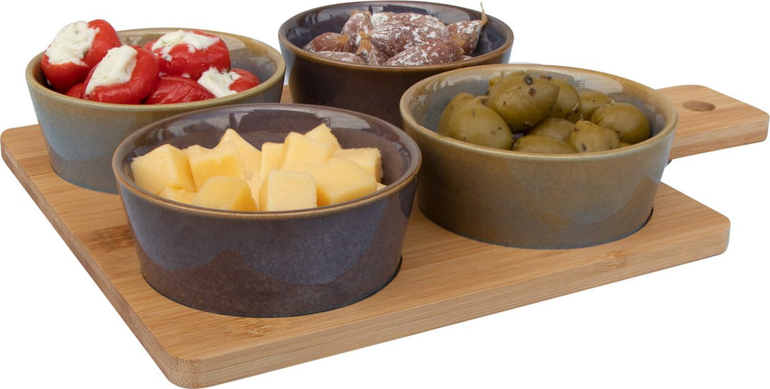 Bamboo serving board 31 x 22 cm with 4 luxury snack/sauce/tapas bowls