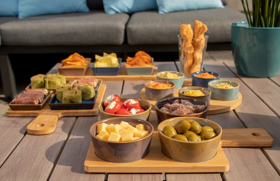 Bamboo serving board 31 x 22 cm with 4 luxury snack/sauce/tapas bowls