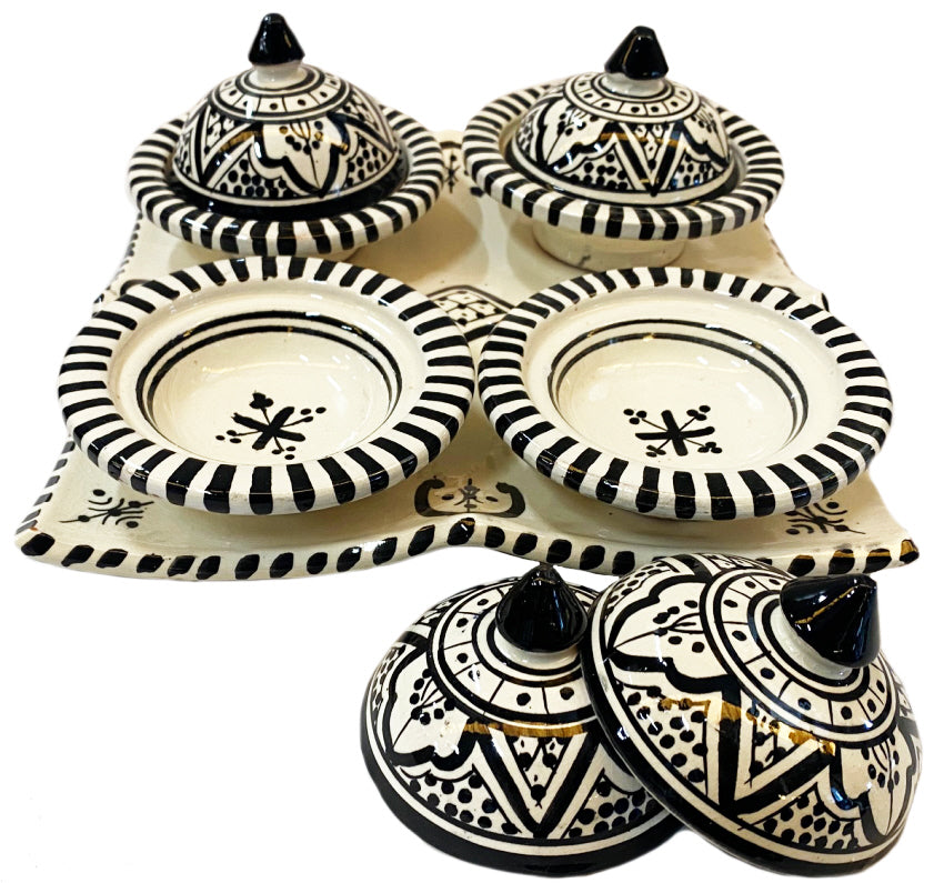 Set of 4 small tajines white-black