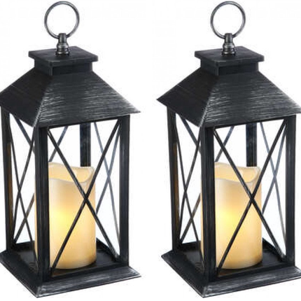 Lot de 2 - Lanterne de jardin rustique avec bougie LED à piles - Éclairage de jardin / Lumière d'ambiance - Noir - Photophore à piles - Lampe de table d'extérieur avec effet flamme
