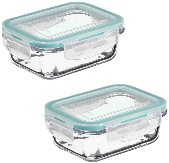 Lot de 2 boîtes à lunch en verre cristallin – Récipients de conservation de 800 ml avec bord bleu clair – Boîtes à lunch en verre pour salade, repas ou préparation de repas – 18,5 x 12,5 x 6 cm