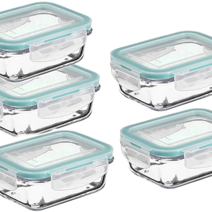 Set van 5 Kristalglas Lunchboxen – 800 ml Vershoudbakjes met Lichtblauw Randje – Glazen Lunchbox voor Salade, Maaltijden of Meal Prep – 18,5 x 12,5 x 6 cm